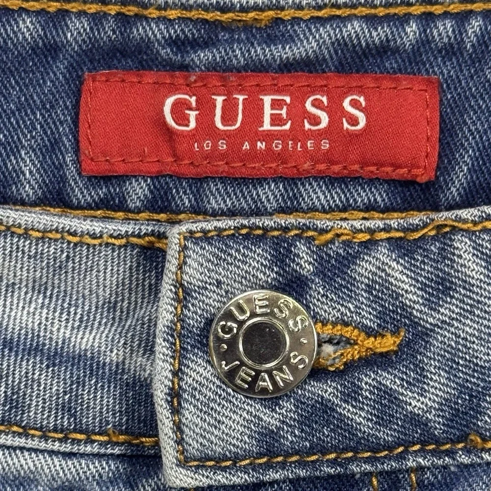 Y2K Guess Jeans Large Mini Denim Skirt Triangle Logo Embellished Trim Distressed